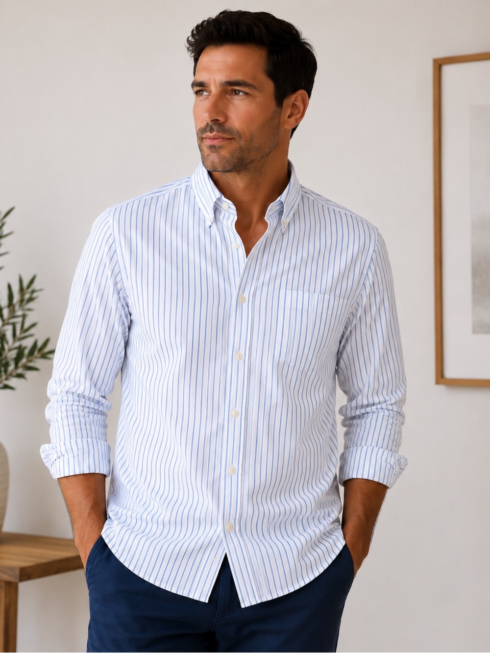 Men's White Shirt with Navy Pinstripes - Classic Long Sleeve